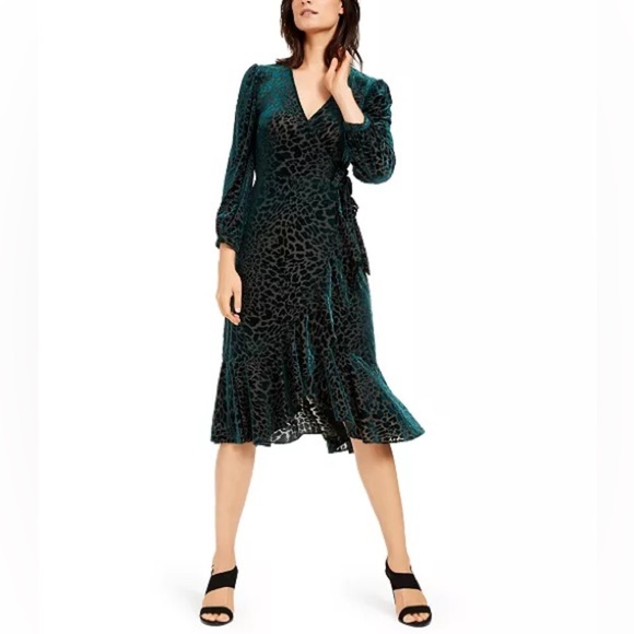 Calvin Klein Green Wrap Dress with Bishop Sleeves - Picture 1 of 7